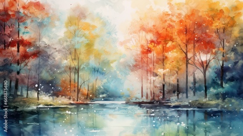 Attractive watercolor depiction of a stunning natural landscape, with abundant greenery, flowing rivers, vibrant colors, during the morning and evening, when the sun shines, suitable for wall art © Matthew