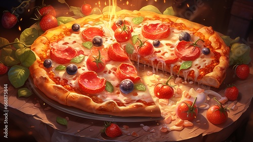 a delicious pizza is on the table with some fruits and vegetables. Fantasy concept , Illustration painting.
