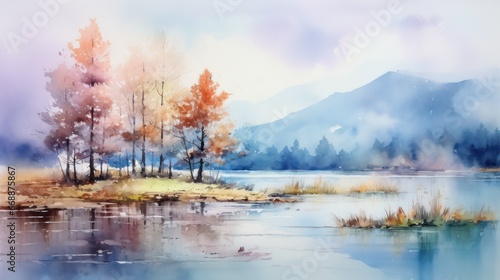 Watercolor artwork showcasing a picturesque natural scenery, abundant with flourishing trees, winding rivers, vivid colors, during both morning and evening, as the sun gleams, ideal for wall art © Matthew