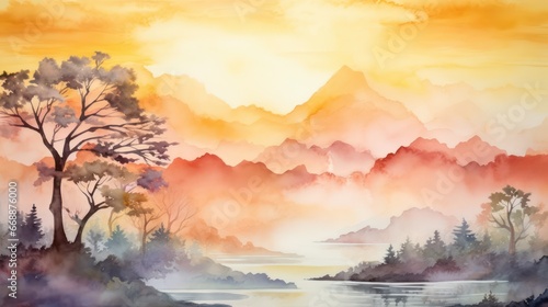 Exquisite watercolor painting depicting a scenic natural landscape  replete with lush trees  meandering rivers  vibrant hues  during the morning and evening hours  as the sun radiates.