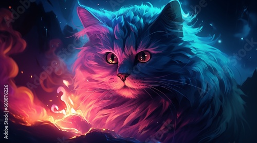 a blue and pink sassy cat is standing in a dark night scene with lightning. Fantasy concept , Illustration painting. © X-Poser