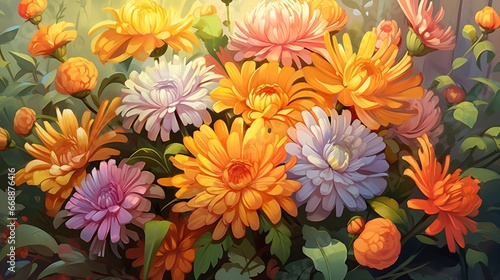 Colorful flowers in a garden bed. Fantasy concept   Illustration painting.