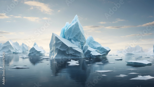 Jagged icebergs floating in an open sea. Generative AI © Zohaib