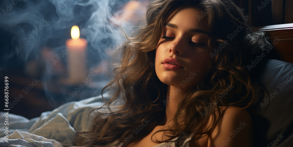 portrait of young blonde girl with curly hair in blue light with a candle in the background portrait of young blonde girl with curly hair in blue light with a candle in the background