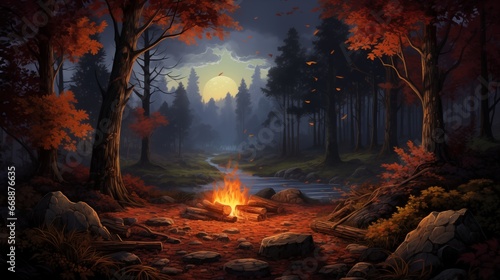 Campfire in the dark forest under the moon. Fantasy concept , Illustration painting.