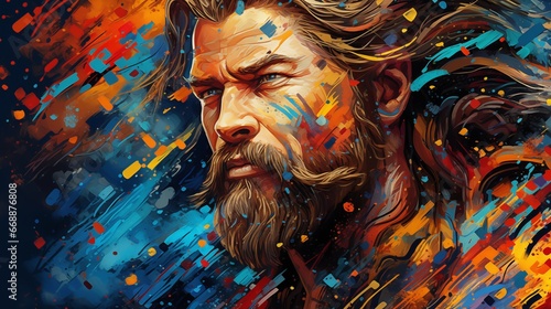 artwork of a man with a beard in vibrant colors. Fantasy concept , Illustration painting. © X-Poser
