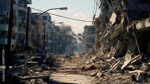 Destroyed houses in the city after the earthquake photo