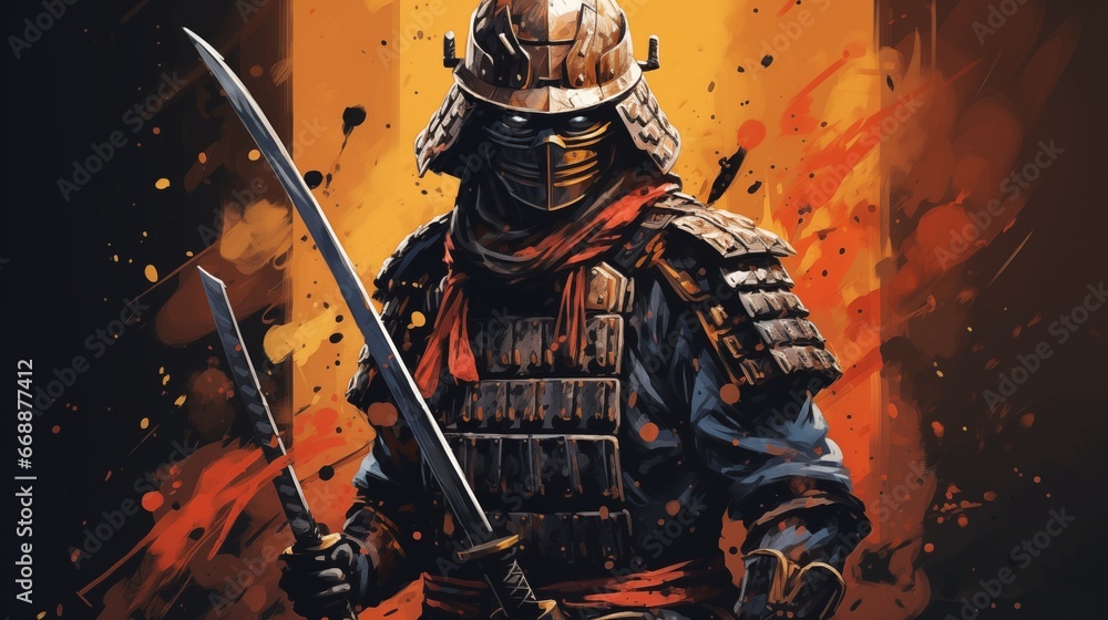 Fototapeta premium a samurai in armor and holding two swords. Fantasy concept , Illustration painting.