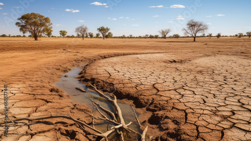 Panorama of a dry land. Global warming and and water scarcity concept