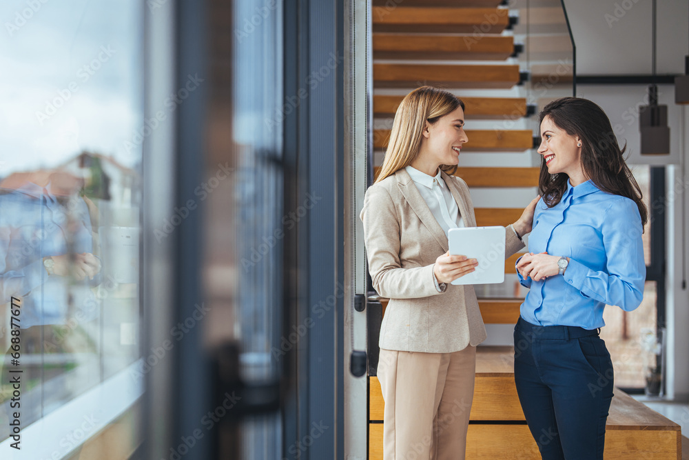 Portrait of two young business woman having a meeting or presentation and seminar standing in the office. Portrait of a young business woman talking. Portrait of two young business woman having a meeting or presentation and seminar standing in the office. Portrait of a young business woman talking.