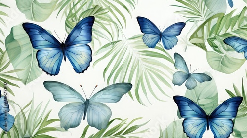 Blue butterflies on a white background with green rainforest plants.  Design for web, wrapping paper, cover, textile, fabric, wallpaper. Image generated with AI