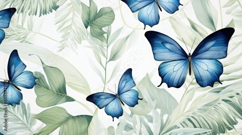 Blue butterflies on a white background with green tropical plants.  Design for web, wrapping paper, cover, textile, fabric, wallpaper. Image generated with AI