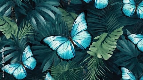 Blue butterflies on a dark background with green tropical leaves. Design for web, wrapping paper, cover, textile, fabric, wallpaper. Image generated with AI