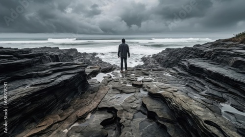 Man standing on the edge of a cliff in front of the ocean