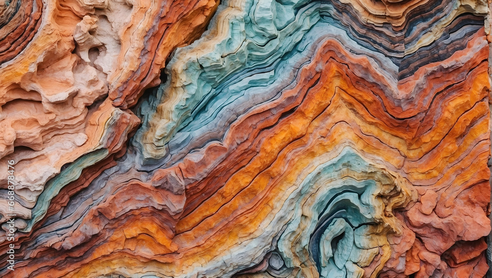 A close-up of a rock formation with colorful mineral layers. Generative AI