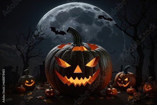 Halloween background with pumpkins and bats at night