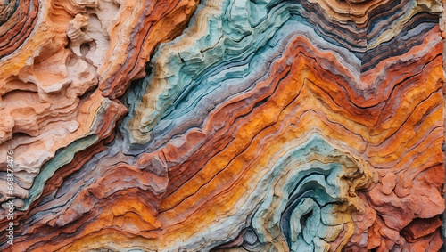 A close-up of a rock formation with colorful mineral layers. Generative AI