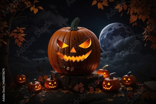 Halloween background with pumpkins and bats at night © ahmudz