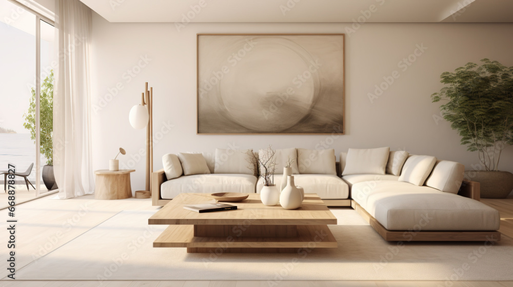 Fototapeta premium Minimalistic interior design style, living room with clean line and neutral tones, with natural elements, calming, relaxing, tranquility