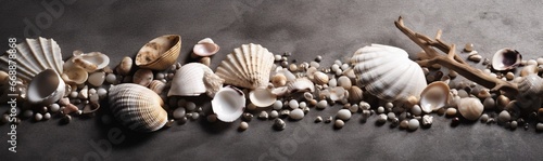 Seashore curiosities laid on sandy terrain with a moody backdrop