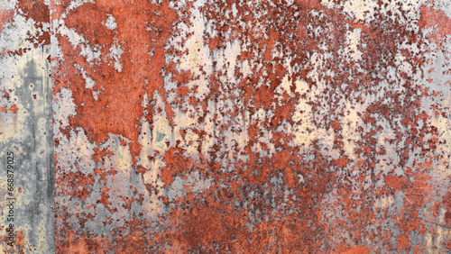 Texture of the painted metal is heavily damaged by scratches from red rust. Abstract background