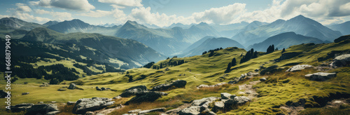 A Spring Alps Landscape, Unfolding the Fresh Embrace of Spring Over Majestic Alpine Peaks, Crafted by Generative AI