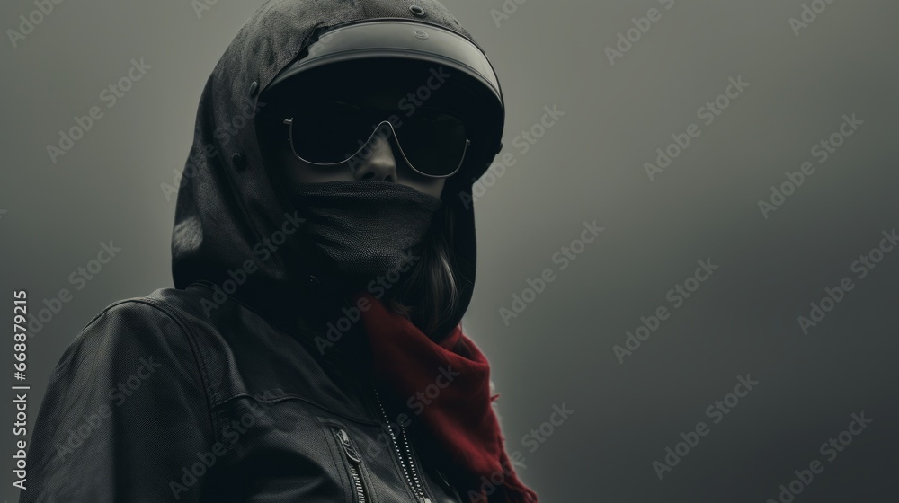 woman, biker aesthetic or outfit, copy space, 16:9 woman, biker aesthetic or outfit, copy space, 16:9