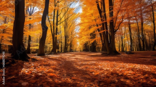 deciduous forest, vivid colors, autumn mood, copy space, 16:9