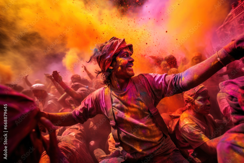 Holi celebration in the heart of the city. Revelers showering each other with colorful powders, painting the streets with hues of joy and unity