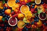 A colorful array of fruits, featuring grapes, apples, and citrus fruits, creates a lively and dynamic fruit-themed pattern, adding vibrancy to any project