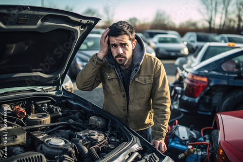 A surprised man, clearly upset, examines the exposed engine of his car, trying to make sense of the unexpected breakdown situation