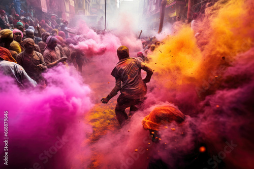 Vibrant Holi festival scene. People smearing each other with vivid pigments, transforming the city into a canvas of colors and shared happiness photo