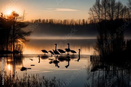 migrating canada geese in silhouette flying over lake at sunrise photo