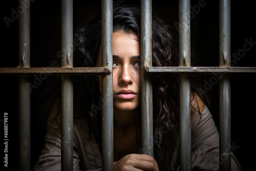Locked behind bars, a woman stares defiantly at the camera, symbolizing resilience and inner strength