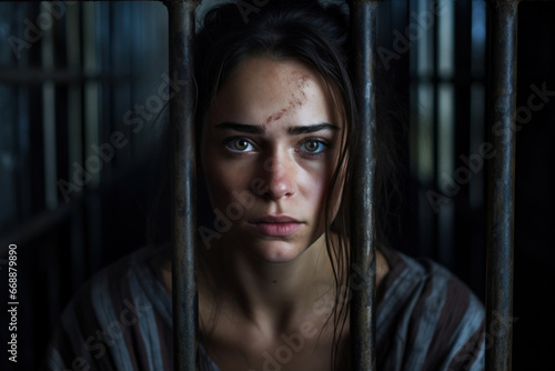 Locked behind bars, a woman stares defiantly at the camera, symbolizing resilience and inner strength