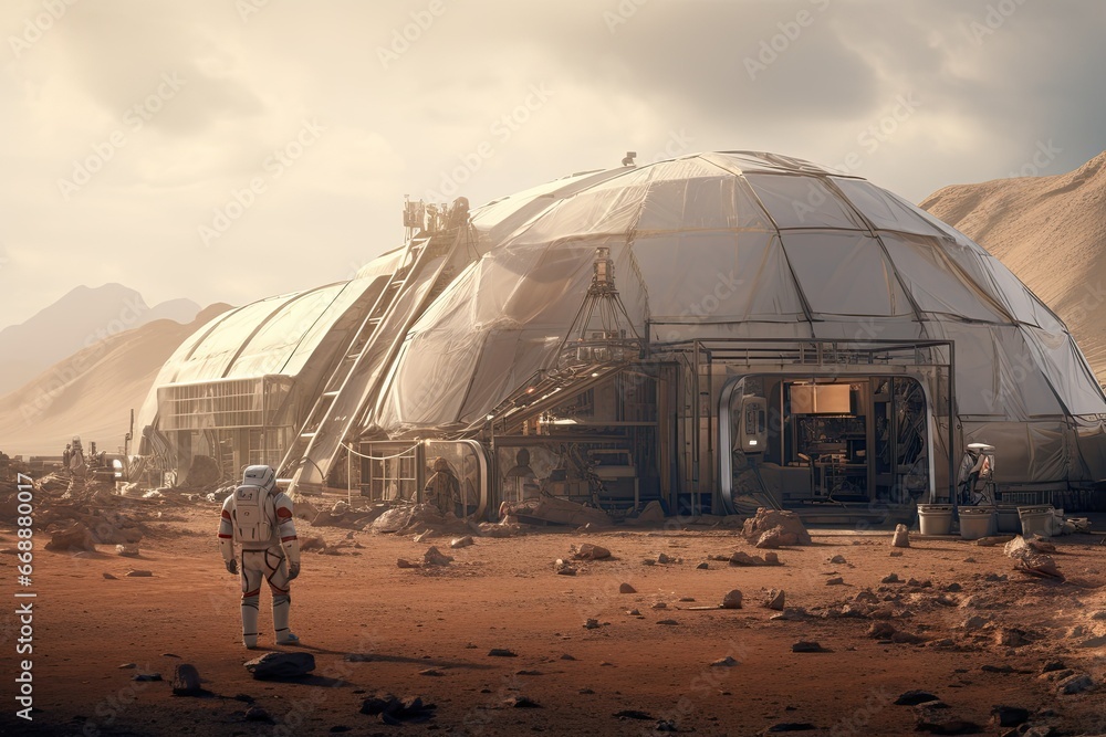 Astronaut in the open space, 3d rendering toned image, A team of astronauts arrives on Mars and discovers, Contrasting Martian Landscape, Spaceman exploring nameless planet - obrazy, fototapety, plakaty 