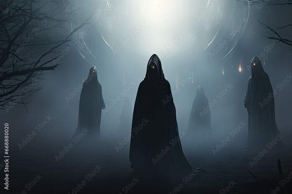 Halloween spooky background with ghosts and fog, 3d rendering, aliens, mysterious aliens in foggy and smoky surface, mysterious forest - obrazy, fototapety, plakaty 