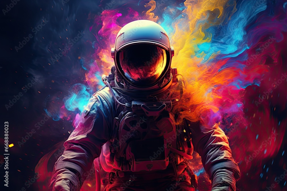 Astronaut in space suit and helmet on a background of colored smoke, Neon Light and colorful smoke, surreal, Astronaut and colorful fantasy smoke in universe - obrazy, fototapety, plakaty 