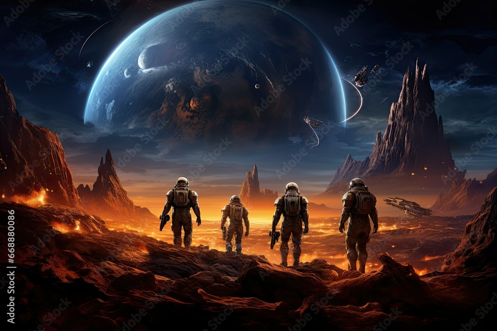 Astronauts in space, Science fiction illustration, a team of astronauts exploring alien planet, Huge city in the desert against the backdrop of an alien planet, spacemen - obrazy, fototapety, plakaty 
