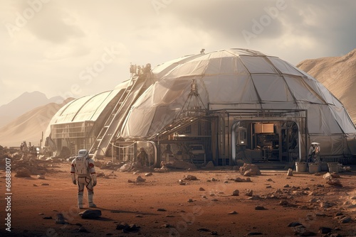 Astronaut in the open space, 3d rendering toned image, A team of astronauts arrives on Mars and discovers, Contrasting Martian Landscape, Spaceman exploring nameless planet