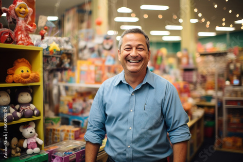 A smiling middle-aged man, a toy store salesman, helps customers find the perfect toys for their children
