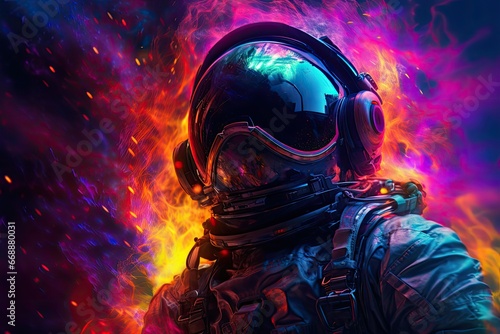 Astronaut in space suit, helmet and glasses on fire background, A fantastic explosion of colorful bright smoke enveloping the astronaut in outer space, surrealism, soulfulness