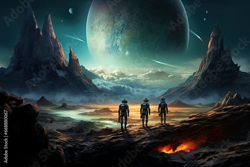 Fantasy alien planet, 3D illustration of astronauts, standing on the surface of an alien planet, Landscape of an amazing alien unknown planet in far space, Space exploration photo