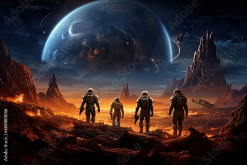 Astronauts in space, Science fiction illustration, a team of astronauts exploring alien planet, Huge city in the desert against the backdrop of an alien planet, spacemen photo