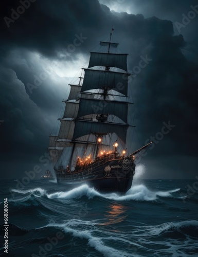 pirate ship in the storm at night background photo