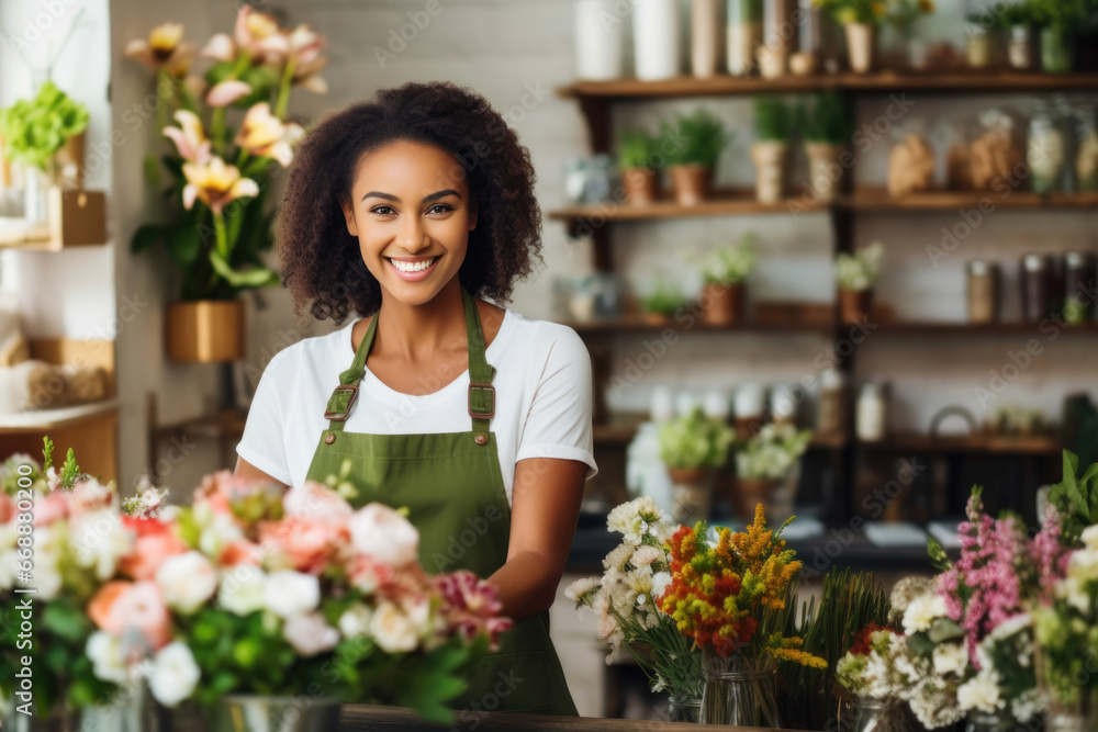 A cheerful young florist happily arranges vibrant blooms in her flower shop, creating beautiful bouquets for customers