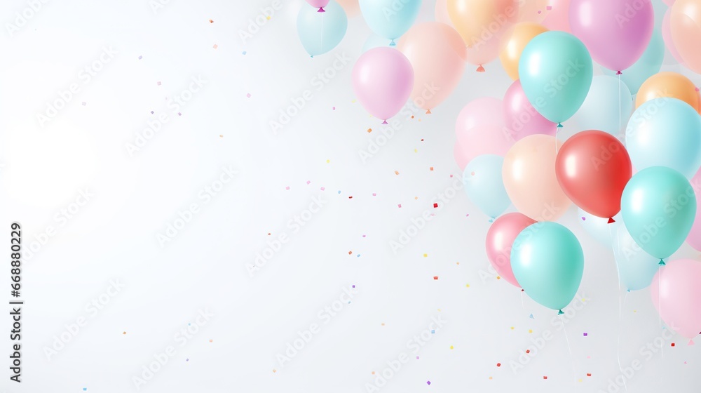 Celebration Background with Confetti and Pastel Color Balloons on the Minimalist Background for Copy Space

