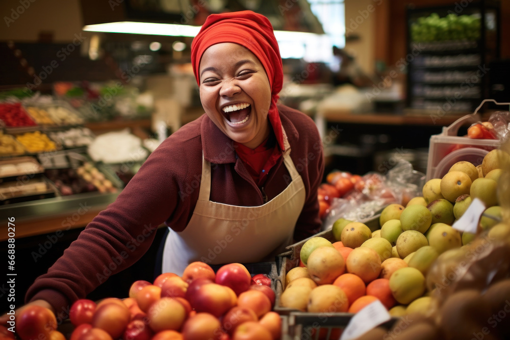 Satisfied laughing American woman in a fruit shop