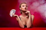 Photo of attractive seductive woman wear dress playing black jack look empty space isolated red ruby color background