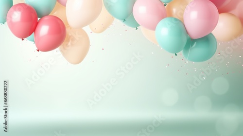 Celebration Background with Confetti and Pastel Color Balloons on the Minimalist Background for Copy Space 